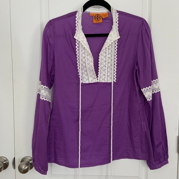 Tory Burch Cotton Purple Boho Marissa Poplin Peasant Tunic Embroidered Size 8 - Picture 2 of 9